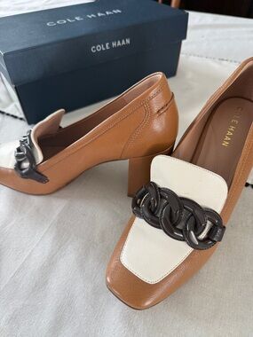Cole Haan Tan and Cream Chain-Link Block Heel Loafers
